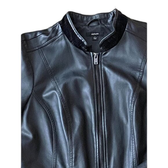 Alfani Black Faux Leather Jacket Women’s L Zip Front Velvet Trim Moto Style - Picture 2 of 13